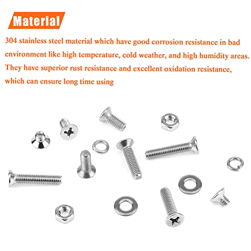 HELIFOUNER 380 Pieces M4 x 5mm /6mm /8mm /10mm /12mm /16mm /20mm, Phillips Countersunk Head Machine Screws, Metric Screws Bolts Washers Nuts Kit, 304 Stainless Steel - size: M4, style: Phillips Countersunk Head