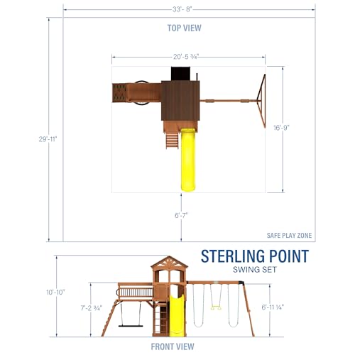 Backyard Discovery Sterling Point Cedar Wood Swing Set with Wave Slide, Raised Clubhouse, Wooden Bridge, Rock Wall, Belt Swings, Web Swing, Trapeze, Balcony, Climbing Wall, Ladder, Outdoor Playset - color: Yellow Slide, style: Cedar