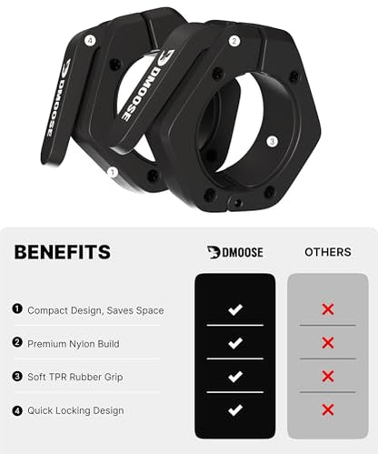 DMoose Fitness Barbell Clips 2 Inch (Pair) - Quick Release Olympic Barbell Clamps & Collars with Anti Slip TPR Grip for Secure Weightlifting and Powerlifting - Weight Clips for Bars at Home or Gym - color: Black, style: Non Magnetic