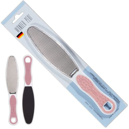 Made in Germany Double Sided Foot File Callus Remover, Stainless Steel and Emery Sides Feet Scrubber, Professional Pedicure Foot Care Tool Rasp, Long Lasting Foot Buffer, Heel Scraper, Wonder Pedi - style: Stainless Steel + Emery