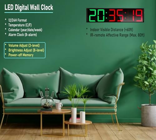 26'' Huge Home Gym Interval Workout Timers, Digital Wall Clock, with Countdown, Stopwatch, 7-Color Light, 8-Alarms, Calendar/Temperature Display, for HIIT/Tabata/FGB/EMOM (Green & Red)
