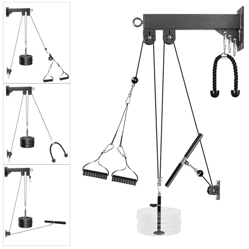 Pulley System for Home Gym, Wall Mount LAT Pull Down Machine Attachment with 3 Handles, for Back, Arm, and Chest Workout