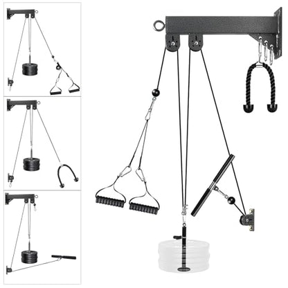 Pulley System for Home Gym, Wall Mount LAT Pull Down Machine Attachment with 3 Handles, for Back, Arm, and Chest Workout