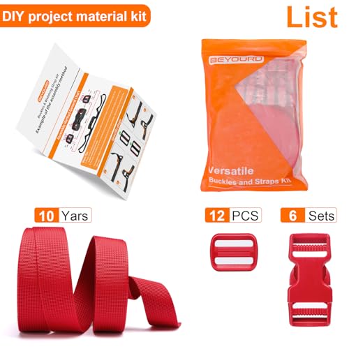 BEYOURD Buckle and Strap Set, 10 Yards Polyester Webbing Strap with 6 Pack Dual Adjustable Side Release Plastic Buckles, 12 Pieces Tri-Glide Slider Clips for Dog Collar (Everyday Series 1 Inch, Red) - color: Red