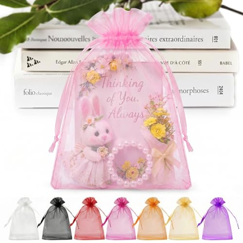 ANZNKU 50 PCS Organza Bags 5 x 7, Pink Small Mesh Gift Bags Drawstring | Sheer Goodie Sachet Pouches for Wedding Party Favors Baby Bridal Shower & Halloween, Use for Candy Jewelry Soap Treats Makeup - color: Pink