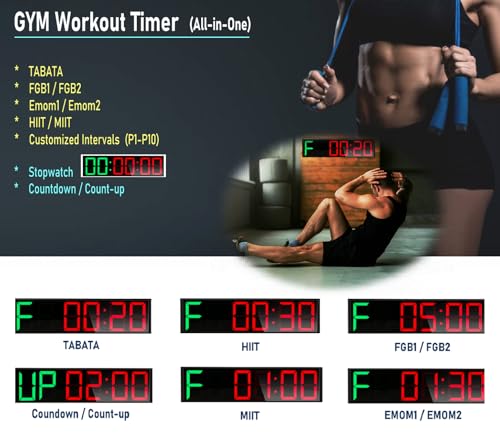 26'' Huge Home Gym Interval Workout Timers, Digital Wall Clock, with Countdown, Stopwatch, 7-Color Light, 8-Alarms, Calendar/Temperature Display, for HIIT/Tabata/FGB/EMOM (Green & Red)