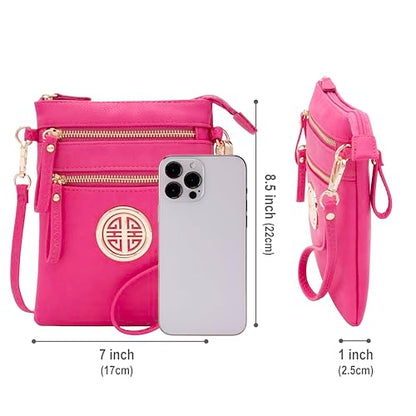Solene Small Multi Zipper Pockets Crossbody Bag with Detachable Wristlet - color: Fuchsia