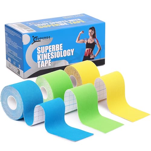 SUPERBE Precut Kinesiology Tape (3 Rolls Pack), Elastic Sports Tape for Pain Relief, Muscle Support, Recovery and Physio Therapy, Breathable, Waterproof (Blue Green Yellow) - color: Blue Green Yellow