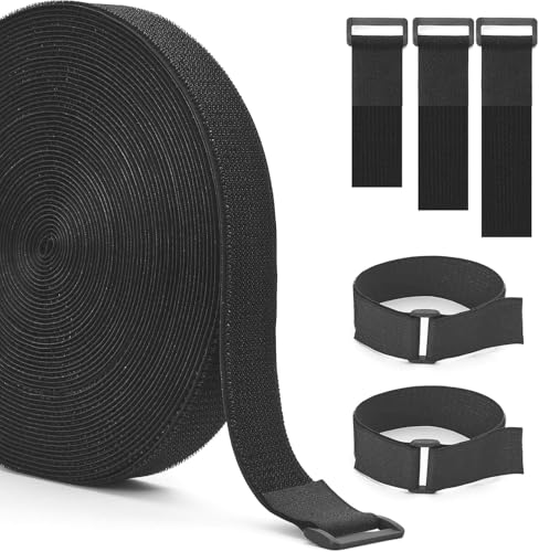 2In x 20Ft Cinch Straps Nylon Heavy Duty with 25 Buckles, Cut to Length, Black Hook and Loop Straps, Reusable Long Cable Ties for Storage and Cord Organizer - size: 2In x 20Ft Black