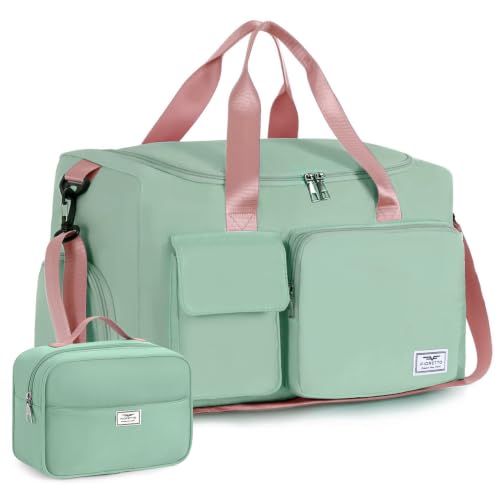 FIORETTO Women's Gym Duffle Bag with Shoes Compartment, 30L Capacity, Ideal for Travel, Gym, Sports, Duffel, Weekender - color: Green & Pink, style: Gym Bag With Toiletry Bag
