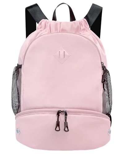 RHDZO Drawstring Backpack Gym Backpack with Shoe Compartment for Men Women String Sports Bag with Wet Pocket Cinch Swim Beach Bag, Large Pink - color: Large Pink, size: Large