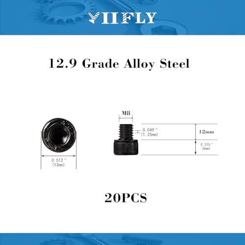 M8-1.25 x 12mm Socket Head Cap Screws, M8 Bolts, 12.9 Grade Alloy Steel, Allen Socket Drive, Black Oxide Finish, Full Thread, Quantity 20 - size: M8 x 12mm(20PCS)