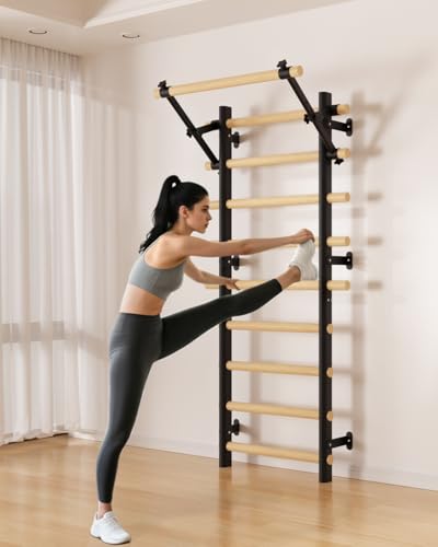 Swedish Ladder Wall Gym, Wooden Wall-Mounted Stall Bars with Pull-up Bar & Exercise Straps & Dip Bars, Stretching Ladder Full Body Home Gym Adults New - color: Black