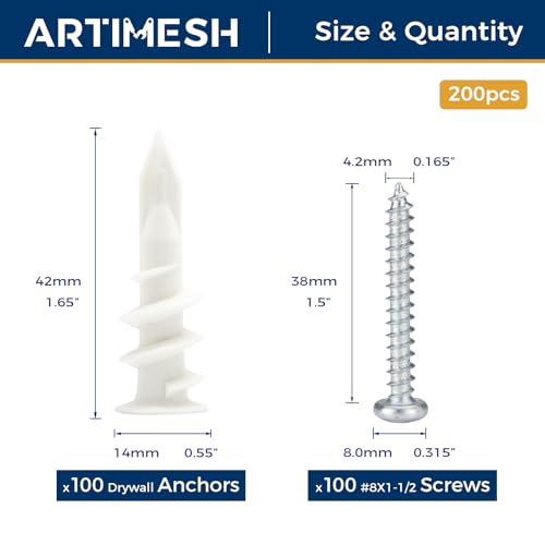 200PCs Self Drilling Drywall Anchors Kit - 75LB Heavy Duty Plastic Drywall Hangers with 100 Self-Tapping Screws - Mounting Hardware for Sheetrock Anchors