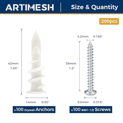 200PCs Self Drilling Drywall Anchors Kit - 75LB Heavy Duty Plastic Drywall Hangers with 100 Self-Tapping Screws - Mounting Hardware for Sheetrock Anchors