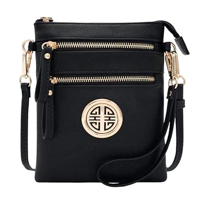Solene Small Multi Zipper Pockets Crossbody Bag with Detachable Wristlet - color: Black