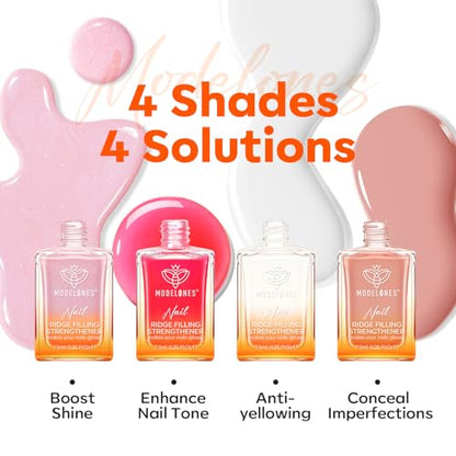 Modelones Nail Strengthener Kits, Milky White Glitter Pink Nude Nail Polish | Nail Repair for Damaged Nails Strengthener and Growth for Thin Weak Damaged Nail Toenails Care Kit Women 4 Pcs Gifts Sets - color: D1-White Pink Nude