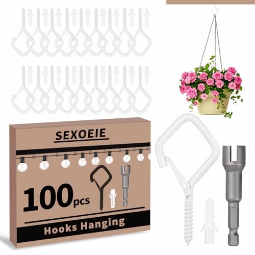 100 PCS White Eye Screw Hooks for Hanging Heavy Duty with Safety Buckle.Metal Ceiling Hooks for Hanging Plants Cup Wind Chime Bird Feeders Patio Lights At Indoor&Outdoor - color: White, size: 100Pcs