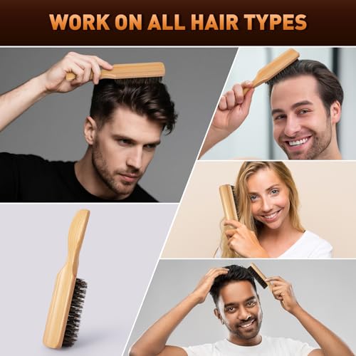 Boar Bristle Hair Brush for Men - Slick Back Hair Brush - Mens Hairbrush with Stiff Bristles & Wooden Handle, for Thick, Fine & Normal Hair Smoothing Styling Adding Shine, Beard Mustache Brush Comb