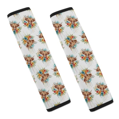 2 Pack Cute Farm Cow Watercolor Highland Cow Car Seat Straps Shoulder Pads Breathable Shoulder Protector for Elderly Support, Most Cars, Pressure Relief - color: Pattern 1225