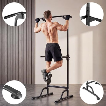 Power Tower Home Gym Strength Training Station Adjustable 10 Height Levels, Heavy-Duty Chin-Up Tower with Parallel Dip Handles, Bodyweight Workout Equipment for Pull-Ups, Dips, Knee Raises, Push-Ups, 330 Lb Capacity - color: Black