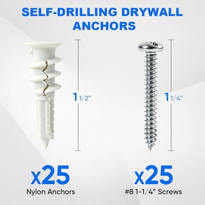 50PCS Self Drilling Drywall Anchors and Screws Kit, No Pre-Drill Required, Plastic Wall Anchors for Drywall with #8 x 1-1/4" Screw, Holds Up to 75 lbs, Sheetrock Anchors for Picture Hanging