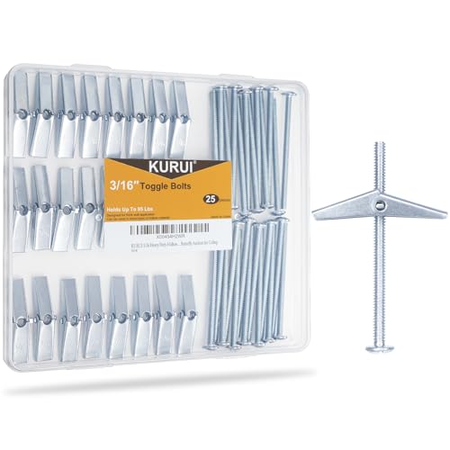 KURUI 3/16 Heavy Duty Drywall Anchors, 25 Pcs Metal Toggle Bolts with Bolts, Dry Wall Anchors and Screws Kit, Butterfly Anchors for Ceiling, Sheetrock, Hollow Wall - size: 3/16"