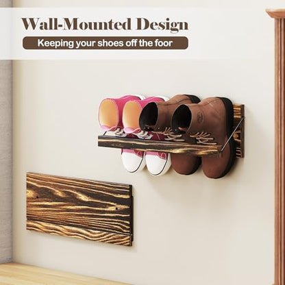 Nisorpa 20 Inches Wall Mounted Shoe Rack, Rustic Burnt Wood Wall Shoe Rack Mounted Slim, and Small Space Saving Shoe Storage Solution for Shoes in Narrow Spaces, Entryways, or Hallways, 2 Pack - size: 20 inch