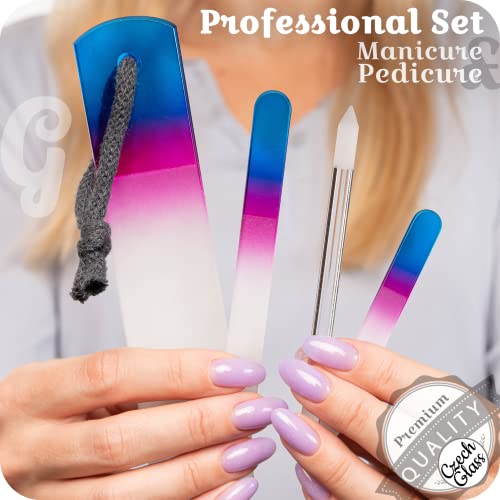 GLADZY Genuine Czech Glass Nail File Set - Callus Remover Foot Rasp, Cuticle Pusher Manicure Stick, Double Sided Etched Different Grit Surface, Professional Nail Care Tool, Made in EU - color: All-in-one Set - Aqua Magenta