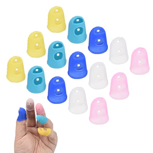 PATIKIL 15 Pcs Silicone Finger Tips, 21.5mm Anti-Slip Textured Surface Reinforced Protectors Fingertip Covers Reusable Thimbles for Money Counting Guitar Sewing, 5 Colors - color: Yellow/Translucent/Pink/Light Blue/Dark Blue, size: 21.5mm