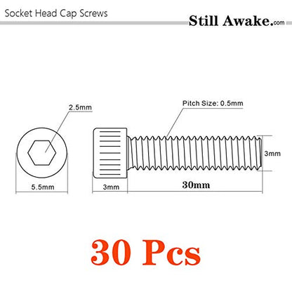 M3-0.5 x 30mm Socket Head Cap Screws Metric, Allen Socket Drive, Stainless Steel 304, Full Thread, Bright Finish, Machine Thread (30 Pcs) - size: M3-0.5 x 30mm