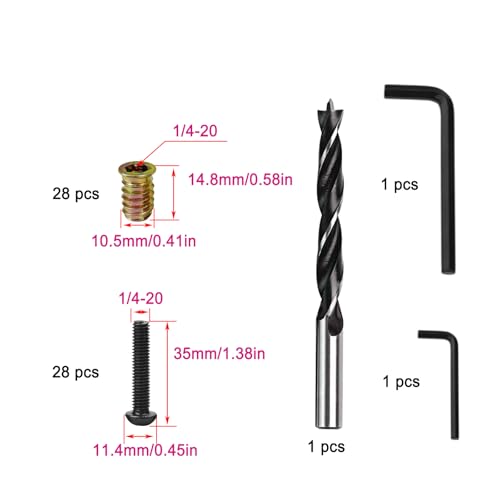 1/4"-20 Screw-in Wood Inserts, 28 Sets Furniture Fastener Kit | 28 Pcs 15mm Inserts, Matching 1-1/4" Long Hex Bolts, 1 Pc brad point drill bit, 2 Hex Wrenches, for Furniture & Table Leg Use - size: 1/4"-20 x 1-1/4"