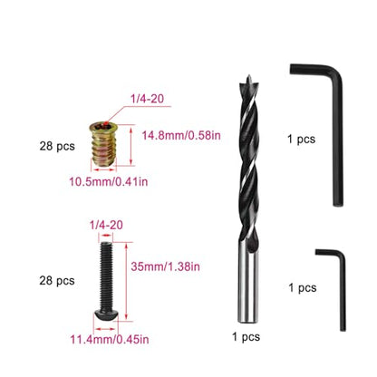 1/4"-20 Screw-in Wood Inserts, 28 Sets Furniture Fastener Kit | 28 Pcs 15mm Inserts, Matching 1-1/4" Long Hex Bolts, 1 Pc brad point drill bit, 2 Hex Wrenches, for Furniture & Table Leg Use - size: 1/4"-20 x 1-1/4"