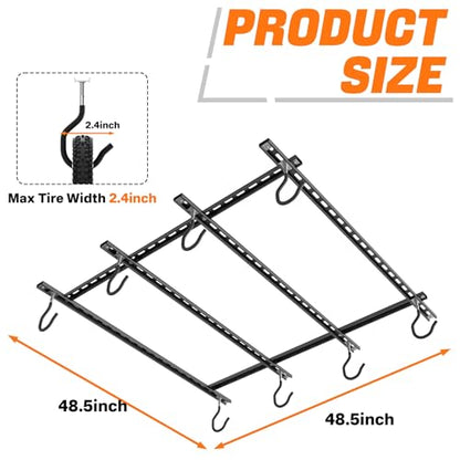 TORACK Ceiling Bike Rack for Garage, Ceiling-Mounted Bicycle Storage Hooks for 4 Bikes (Horizontal) or 8 Bikes (Vertical), Adjustable Overhead Bicycle Hooks for Mountain, Road, and Kids' Bike - style: 4 bikes horizontal