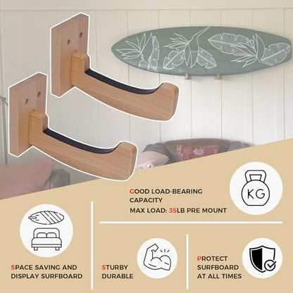 Surfboard Wall Mount Wooden Surf Board Wall Racks for 1 Board | Storage and Display Your Surfboards / Skimboards / Skateboards