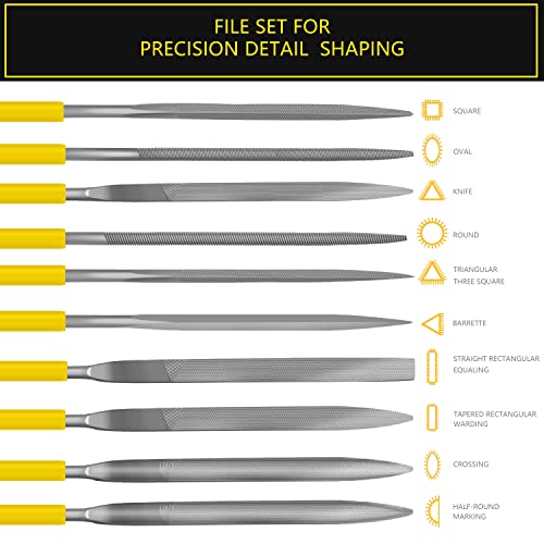 Needle File Set, 10 Pieces Hand Metal Files, Hardened Alloy Strength Steel Set Includes Flat, Round, Half-Round, Triangular, Square, Oval, Crossing, and Barrette File - color: Yellow-10pcs