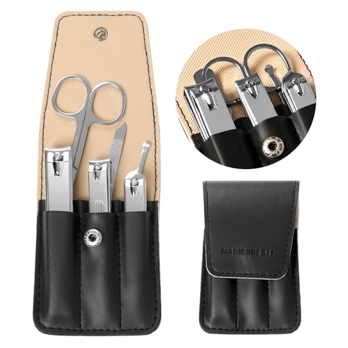 6 PCS Premium Stainless Steel Nail Clippers Set, Professional Manicure Pedicure Kit with Snap Fastener PU Leather Case, Travel Grooming Kit, Ideal Gift for Men and Women(D-Black) - color: D-black