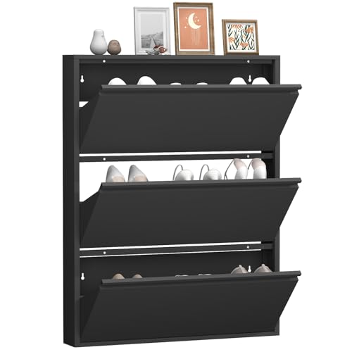 GREATMEET Shoe Cabinet with 3 Flip Drawers, Metal Entrance Shoe Cabinet Storage for Entryway, Modern Hidden Narrow Shoes Rack Organizer Wall Mount for Living Room, Bedroom, Hallway,Black - color: Pearl Black, size: 3 Flip Drawers