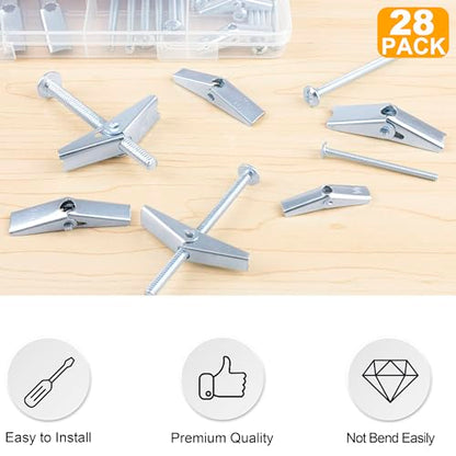 KURUI Heavy Duty Hollow Drywall Anchors for Sheetrock Ceiling, Toggle Bolts and Wing Nut Kit, 28Pcs Metal Dry Wall Anchors and Screws Assortment Set, Butterfly Anchor for Hanging 1/8, 3/16, 1/4 - style: 28 Pack