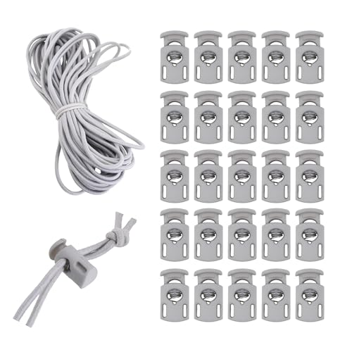 Mandala Crafts Gray Shock Cord & Cord Locks for Elastic Drawstrings | 10 YDs Bungee String, 25 Spring Toggle Clips, End Stopper Clamps, for Shoelaces, Paracord, Jackets, Hoodies, Backpacks - color: Gray