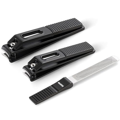 HAWATOUR Nail Clippers Set Zinc Alloy 420J2 Stainless Steel, Black | Ultra Sharp Curved Blade, Fingernail and Toenail Clipper, Visibly Tin Case, Cut-Out Design