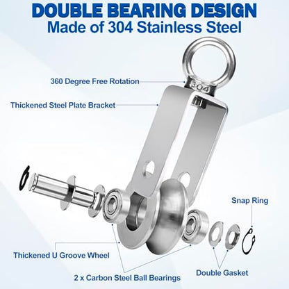 Cable Pulley Wheel Stainless Steel, 8 Pack M34 Single Pulley Snatch Block, Heavy Duty Lifting Crane Swivel Hook, Bearing Inside Rope Pulleys for Lifting System Gym Equipment Clothesline, 551 lbs Load - size: M34 - 8 Pack