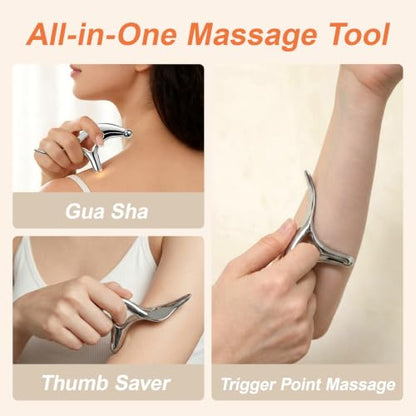 Pressure Point Massage Tool for Deep Tissue - Metal Gua Sha Tools | Metal Muscle Scraper | Thumb Saver | Acupressure Tool for Trigger Point & Pain Relief, Travel Pouch