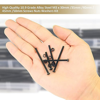 402 Pieces Black M3 x 30/35 /40/45 /50 mm Button Head Socket Cap Screws Nuts Washers Assortment Kit, 10.9 Grade Alloy Steel - size: M3 x 30/35/40/45/50mm, style: Button Head