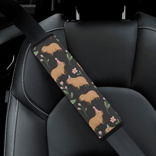 2 Pack Universal Fit Seat Belt Cover for Child, Stroller Pushchair High Chair, Cute Capybara Animal Floral Black Automotive Seat Belt Protector, Pressure Relief - color: Pattern 323