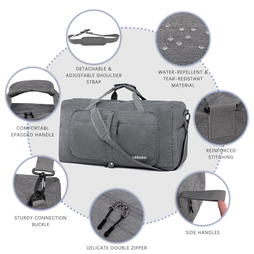 65L Foldable Duffle Bag with Shoe Compartment - Large Travel Duffel Bag for Men & Women, Packable Weekend Bag with Trolley Sleeve, Water-Resistant & Lightweight Gym Bag for Travel, Sports（Grey） - color: Grey