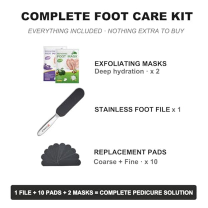 Stainless Foot File Callus Remover for Cracked Heels & Dead Skin — Pedicure Rasp with 10 Replacement Pads & 2 Exfoliating Foot Masks, Sandal Season Foot Care Kit (3in1 Set)