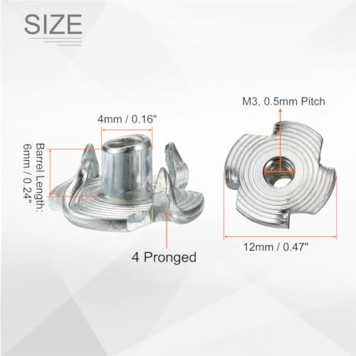 HARFINGTON M3x6mm T-Nuts 4 Pronged Tee Nut 0.47" x 0.24" Fully Thread Carbon Steel Inserts for Wood, Rock Climbing Holds, Cabinetry, Furniture 50pcs - size: M3x6mm