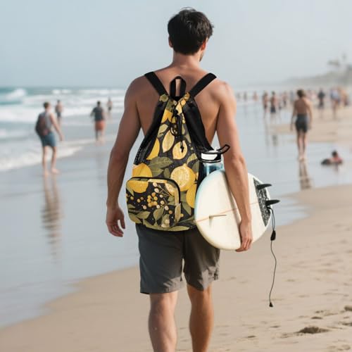 GuoChe Drawstring Backpacks Gym Swim Bag With Inside Pockets Pull String Bag Waterproof Chic Lemons Limes Black - color: Chic Lemons Limes Black