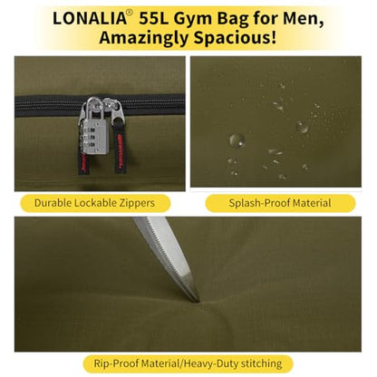 55L Large Sports Duffle Bag for Men, 22 Inch, Olive Green | Heavy Duty, Gym Duffel Bag, Multi Pockets, Spacious - color: Olive Green